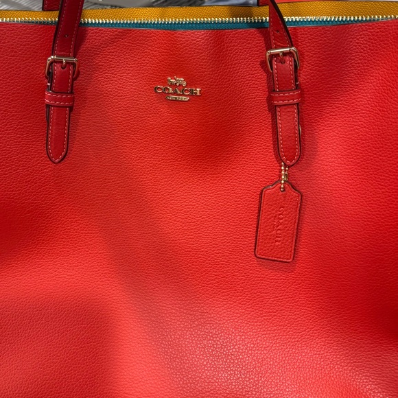 Coach Red /Orange Tote Bag; Lg., beautiful; NWOT; yellow and teal interior. - Picture 3 of 12